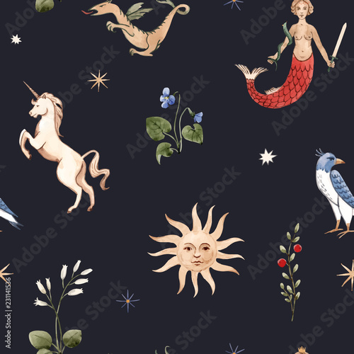 Watercolor vector pattern medieval illustrations
