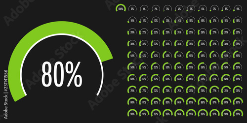 Set of circular sector percentage diagrams (meters) from 0 to 100 ready-to-use for web design, user interface (UI) or infographic - indicator with green