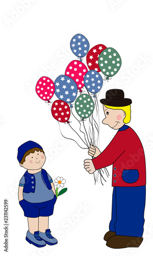 Payaso vendiendo globos y niño.