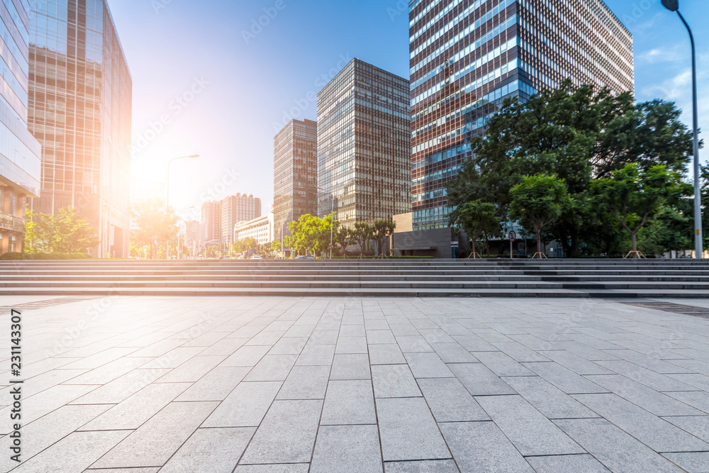 Panoramic skyline and modern business office buildings with empty road,empty concrete square floor