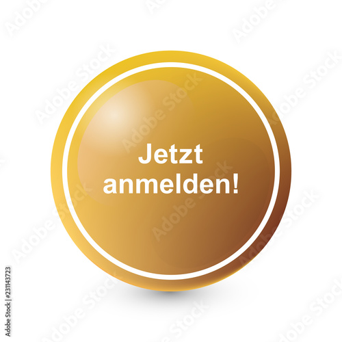 Orangener runder Hochglanz Button - Jetzt anmelden