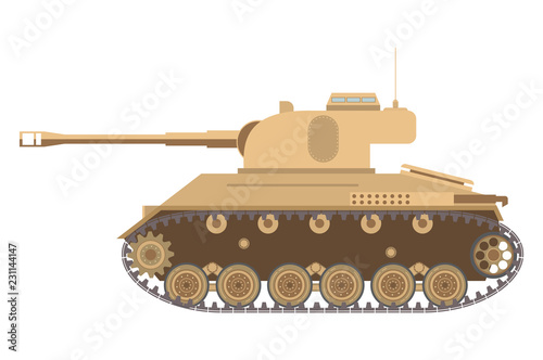 The American average tank of World War II and a tower with the gun and a machine gun.Side view armored army vehicle with a caterpillar. Weapon in flat style a vector. An icon for the website.