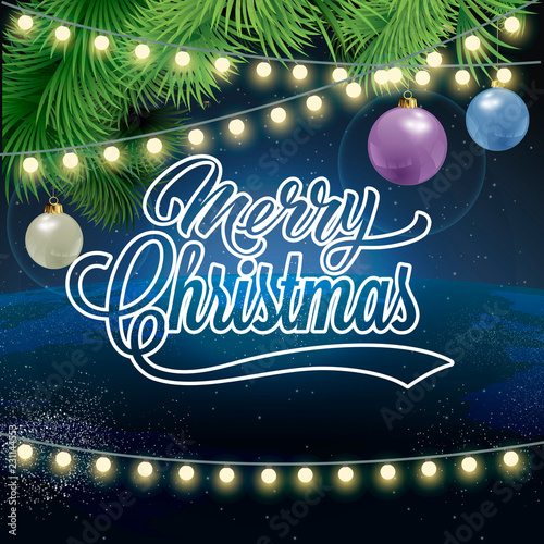 merry Christmas, vector illustration greeting card with happy Christmas and happy new year in vintage style with calligraphic text merry Christmas and Christmas tree