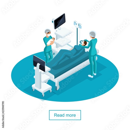 Isometric concept of an operating room in a maternity hospital, a doctor and an obstetrician gynecologist, take births in the parturient woman