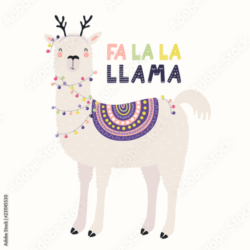 Hand drawn vector illustration of a cute funny llama in deer antlers, with lights, text Fa la la llama. Isolated objects on white. Scandinavian style flat design. Concept for Christmas card, invite.