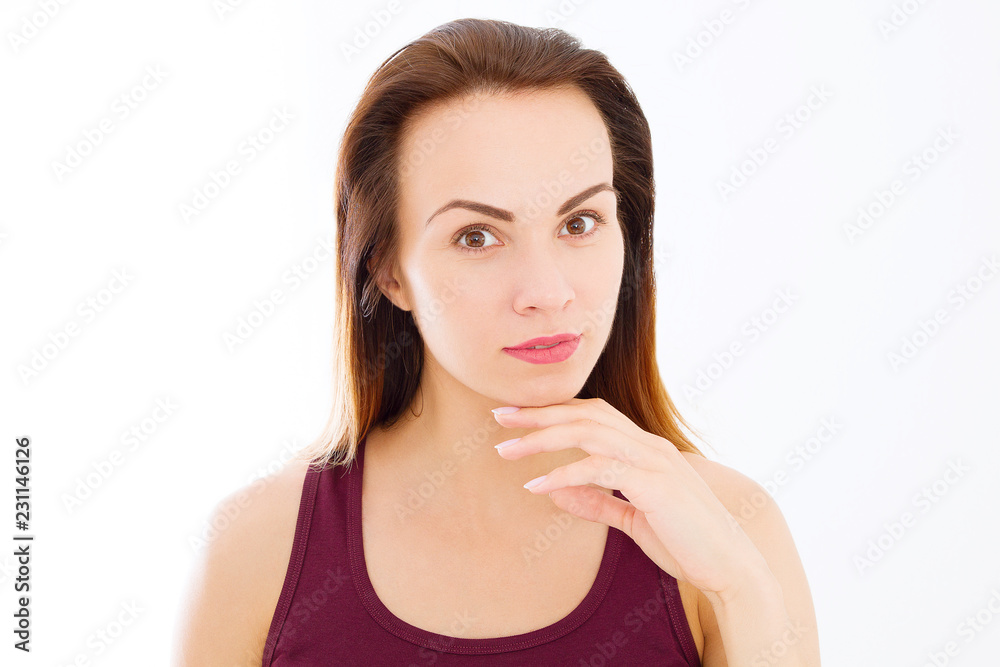Macro Woman face with no wrinkles on forehead. Skin care and spa face beauty. Cosmetology facial treatment and anti aging concept. Copy space Macro Woman face with no wrinkles on forehead. Skin care and spa face beauty. Cosmetology facial treatment and anti aging concept. Copy space