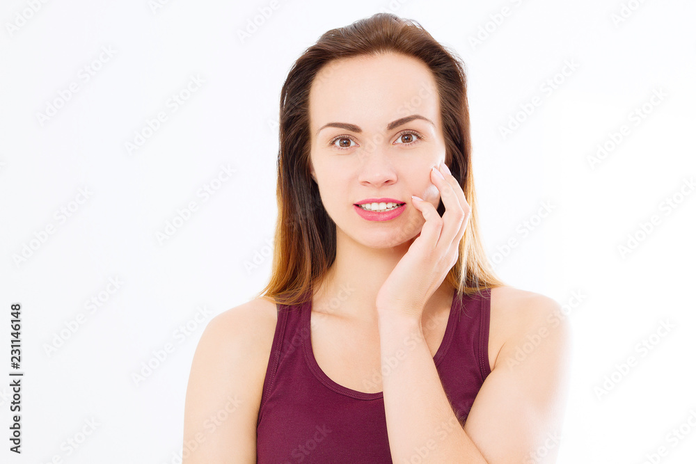 Macro Woman face with no wrinkles on forehead. Skin care and spa face beauty. Cosmetology facial treatment and anti aging concept. Copy space Macro Woman face with no wrinkles on forehead. Skin care and spa face beauty. Cosmetology facial treatment and anti aging concept. Copy space
