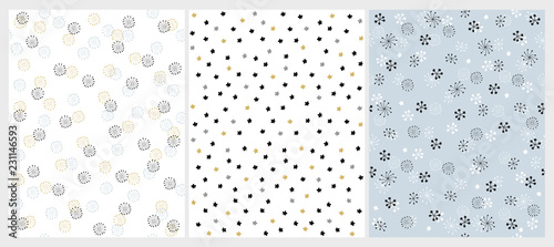 Wallpaper Mural Set of 3 Abstract Hand Drawn Stars Vector PAtterns. Simple Seamless Design. White and Blue Background. Blue, Gold and Black Stars and Snowflakes. Torontodigital.ca