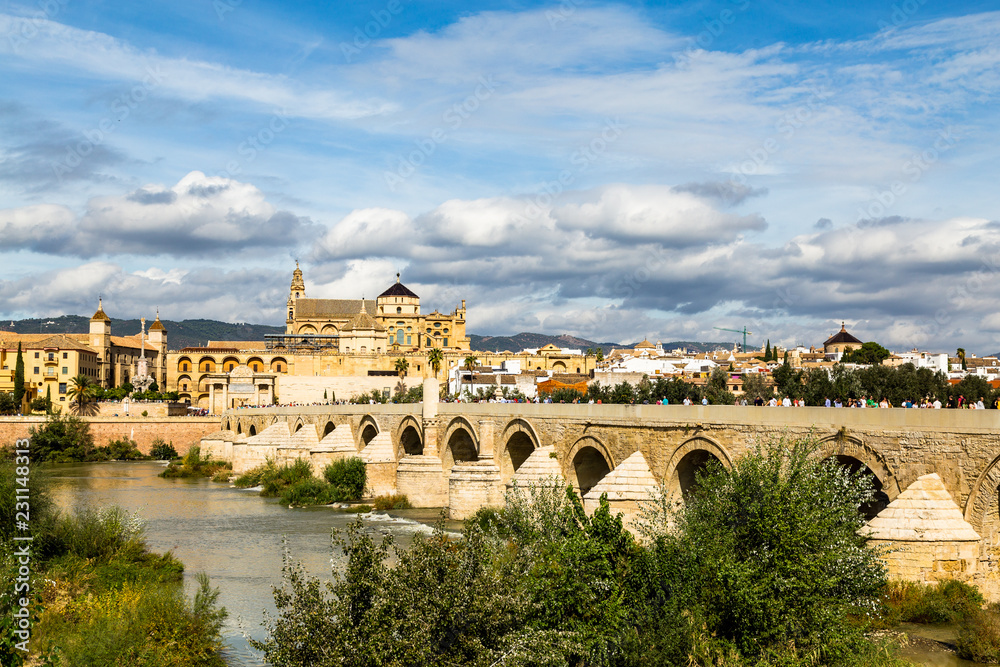 View of Mezquita, Catedral de Cordoba, across the roman bridge on Guadalquivir river. A former Moorish Mosque that is now the Cathedral of Cordoba, Mezquita is a UNESCO World Heritage Site.