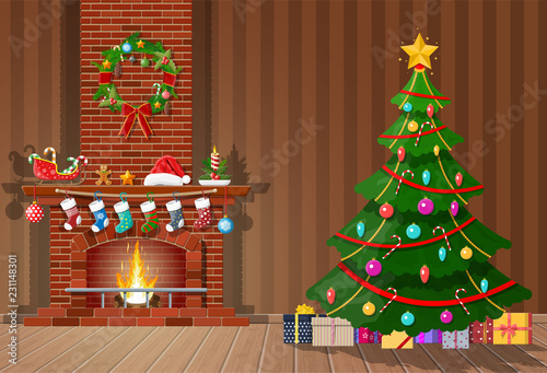 Christmas interior of room with tree, gifts and decorated fireplace. Happy new year decoration. Merry christmas holiday. New year and xmas celebration. Vector illustration flat style