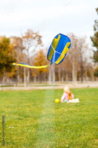Flying kite in park. Winddrachen fliegt im Parklandschaft. 