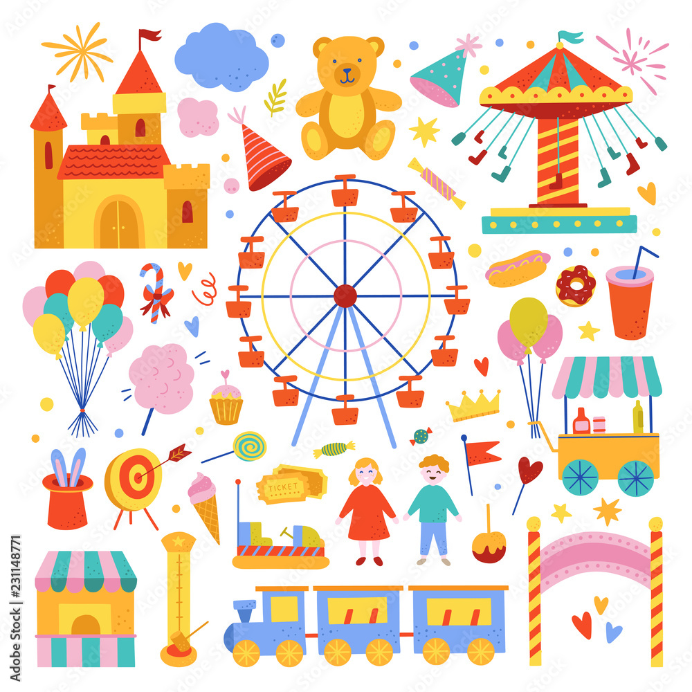 Amusement park cute illustrations collection. Attractions, sweet food, magical equipment icons and symbols. Weekend and holiday activities