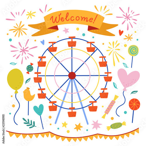 Ferris wheel illustration. Cute amusement park elements and decoration doodles on white background