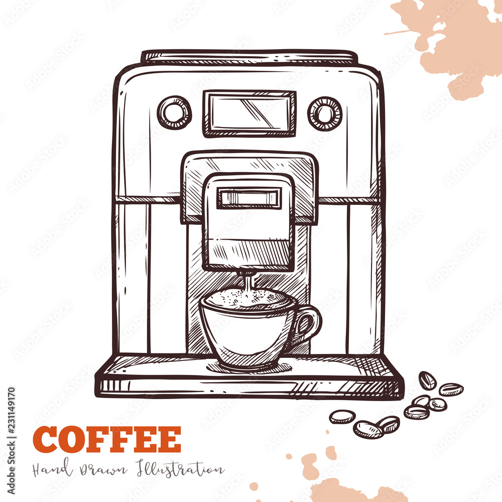 Coffee machine black hand drawn sketch isolated. Modern espresso maker in  vintage engraved style isolated on white background. Vector illustration  Stock Vector | Adobe Stock