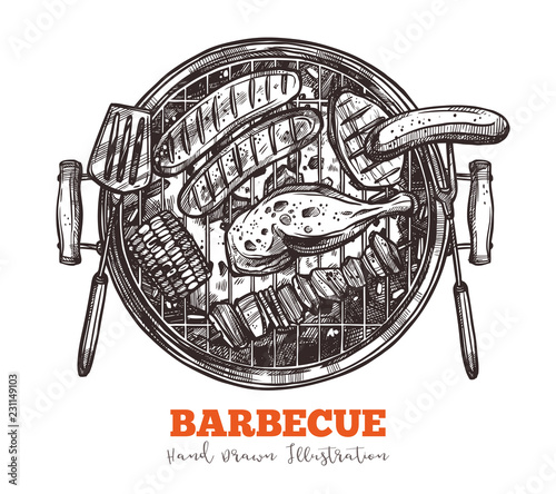 Bbq tray with set of meat food, spatula and fork. Appetizing barbecue plate with meal - sausage, chicken leg, shish kebab, corn. Sketch handdrawn illustration in vintage style. Vector isolated on whit