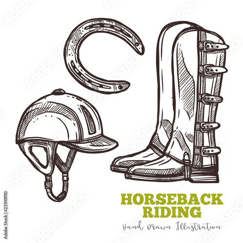 Boots of rider, helmet and horseshoe, sketch set. Hand draw illustration in engraved retro style. Vector isolated on white background. Horseback ridding equestrian concept