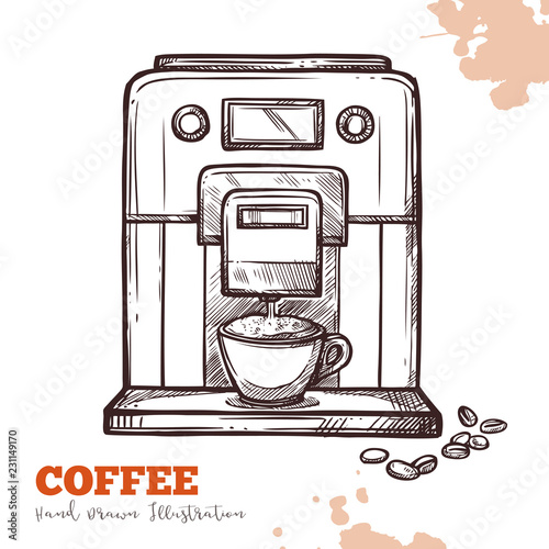 Coffee machine black hand drawn sketch isolated. Modern espresso maker in vintage engraved style isolated on white background. Vector illustration