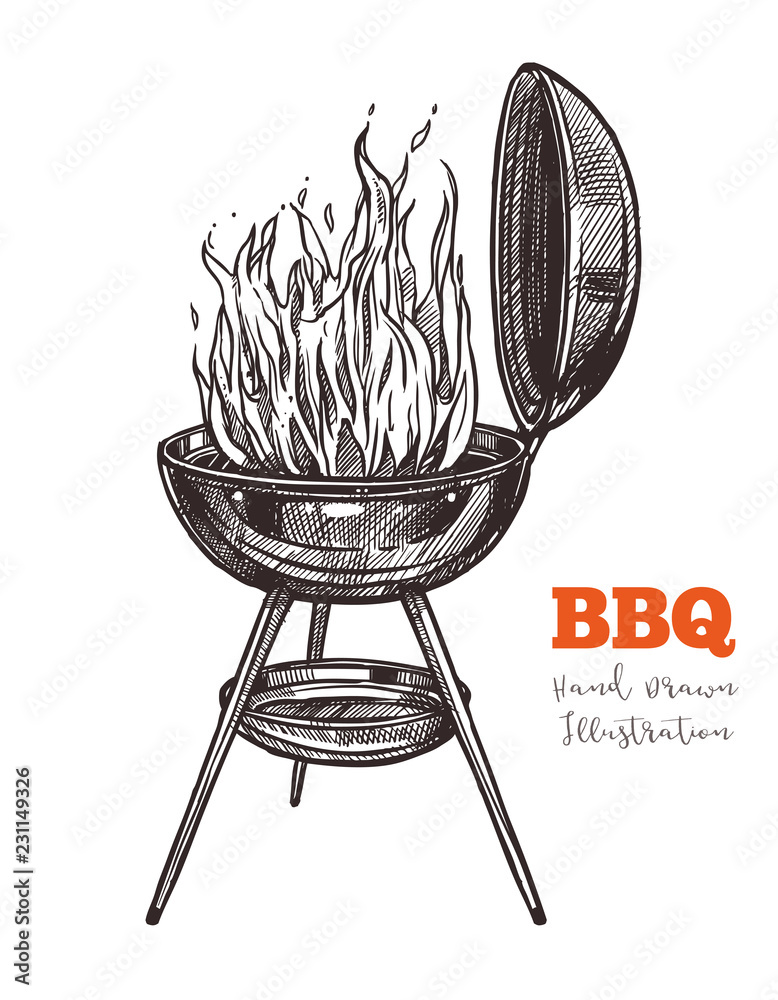 Vektorová grafika „Kettle barbecue grill with flame hand drawn sketch. Bbq  equipment for preparation of steaks, sausages and other dishes outdoors.  Vector illustration isolated on white background“ ze služby Stock | Adobe