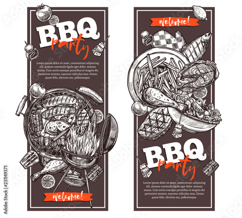 Two vertical posters or flyers on barbecue party. Flyers in retro style - invitation to BBQ event with composition of delicious varied food. Illustration hand drawn sketch. Vector isolated on white