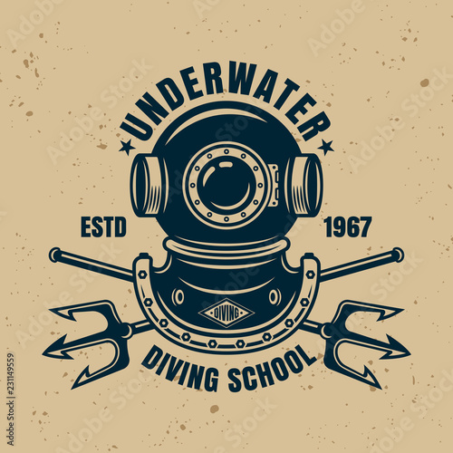 Underwater diving school vector vintage emblem
