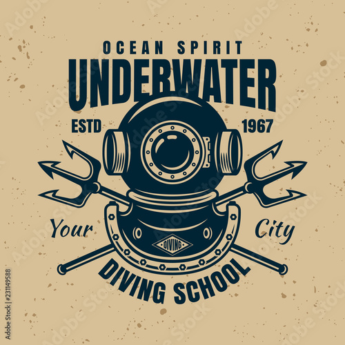 Vintage diving helmet vector emblem template