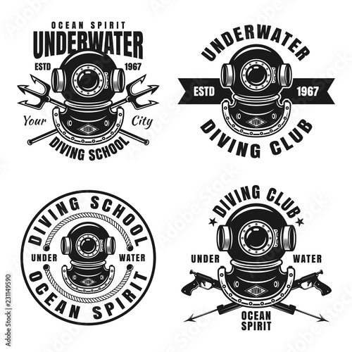Diving school or club set of four vector emblems