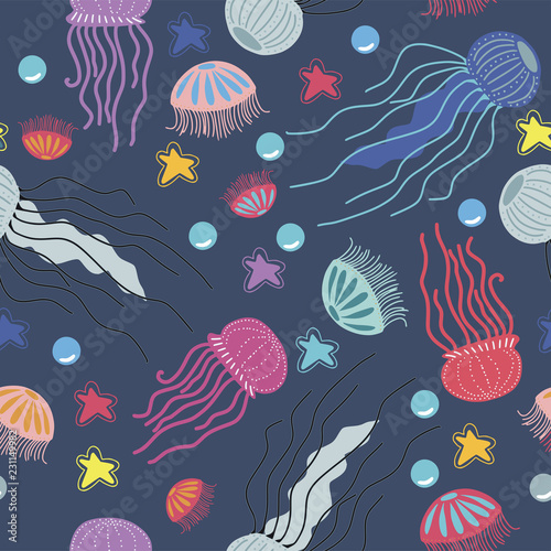 Vector seamless marine pattern with a picture of cute fish  octopus  seashells  jellyfish and bubbles on a dark background