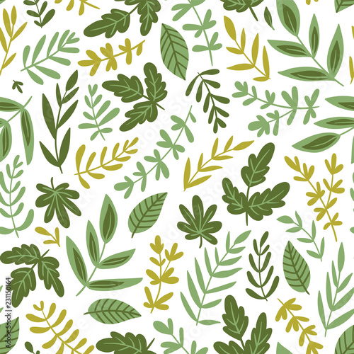 Hand drawn seamless pattern - salad greens and leaves isolated on white background in trendy organic style. Vector illustration for vegetarian menu or  packaging design.
