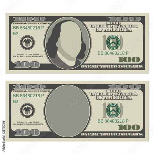 One hundred dollar bill design template. 100 dollars banknote, front side with and without president Franklin. Vector illustration isolated on white background