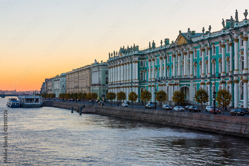 Hermitage palace and Neva river at morning in Saint Petersburg, St. Petersburg, Russia.