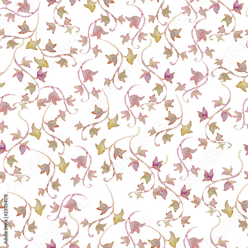 Gentle seamless pattern with ivy. Background with romantic garden flowers. Watercolor illustration
