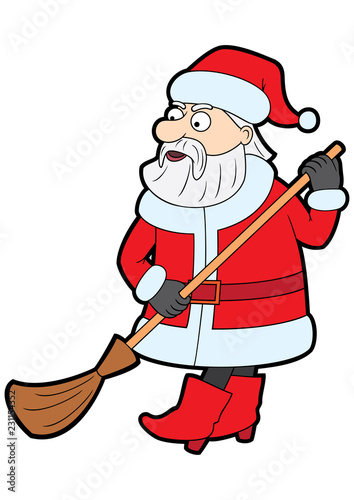 Santa Claus janitor/ Illustration cartoon funny Santa with a wiping broom photo