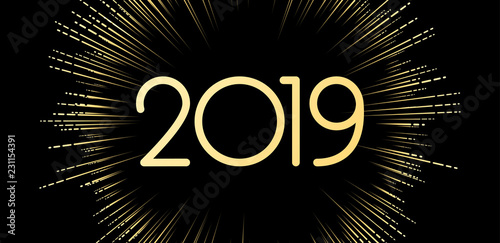 New Year 2019 banner with golden firework.