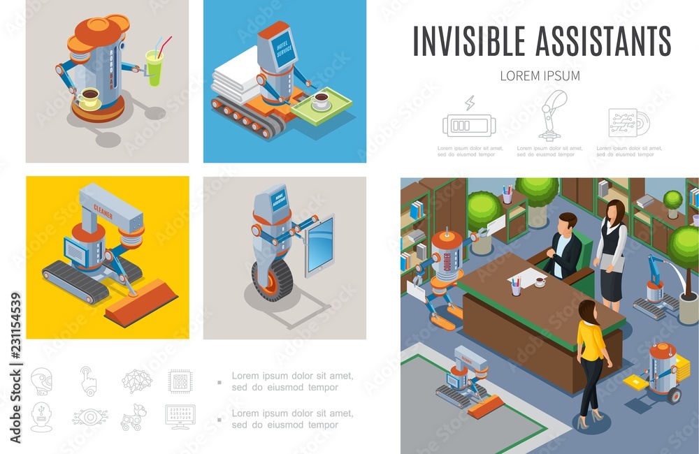 Isometric Robotic Assistants Infographic Template