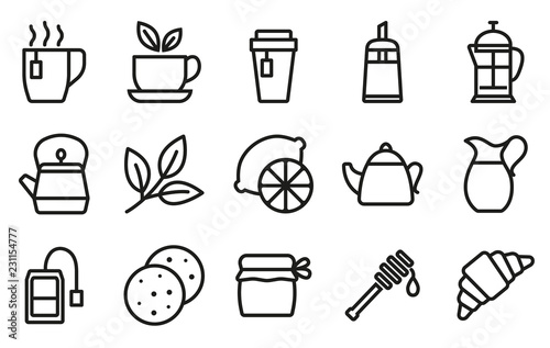 Tea vector icons set. Contains icons cup, tea, sugar, milk, croissant, cookies, tea leaves, jam, honey, lemon, teapot. 48x48 pixel