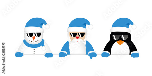 cool snowman santa and penguin cartoon with sunglasses in blue c