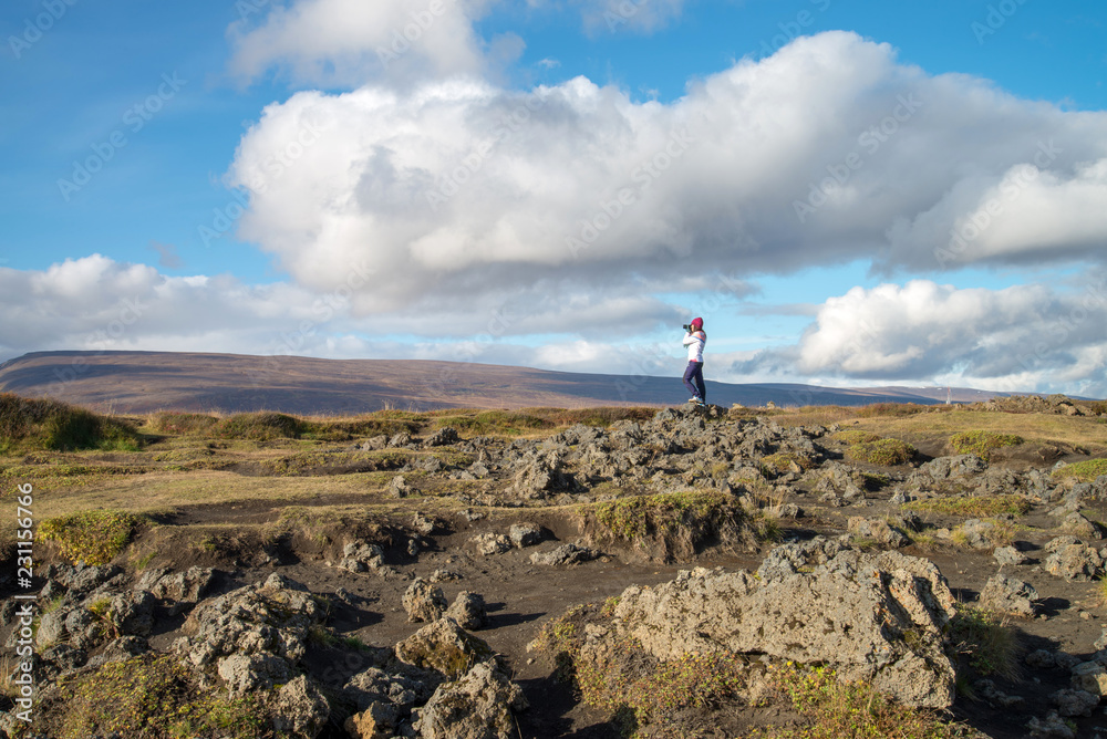 A tourist girl take photo mountain valley near godafoss waterfall, Iceland