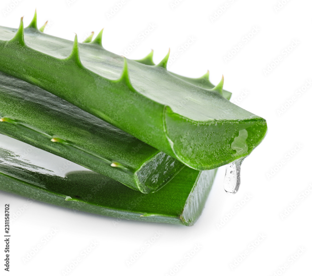 Fresh aloe vera leaves with dripping juice on white background Fresh aloe vera leaves with dripping juice on white background