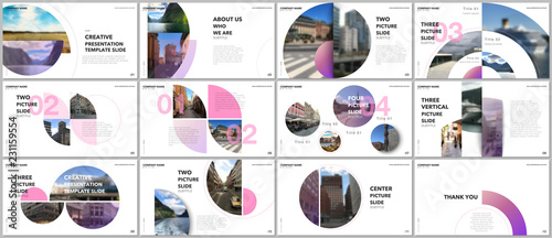 Minimal presentations design, portfolio vector templates with circle elements on white background. Multipurpose template for presentation slide, flyer leaflet, brochure cover, report, marketing.