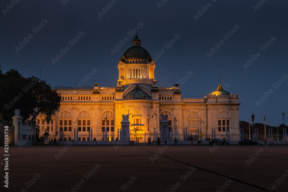 Anantasamakom throne hall. the Mable palace of the king of Thailand. Twilight blue hour at royal palace. Bangkok historical landmarks built in Italy style.