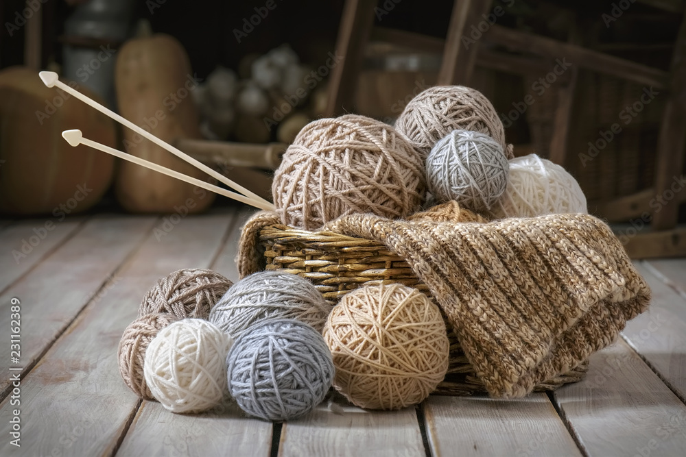 Basket with balls of yarn Basket with balls of yarn