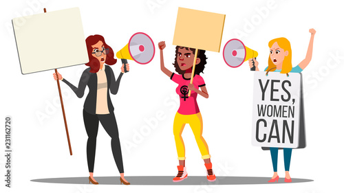 Feminist Girls At Protest Action For Women s Rights Vector. Isolated Illustration photo
