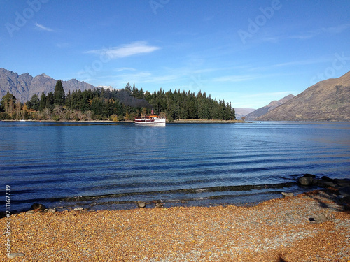 Steam boat on Lake Queenstown New Zealand area and Lake Wanaka