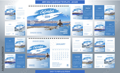 Desk Calendar 2019 template - 12 months included - A5 Size