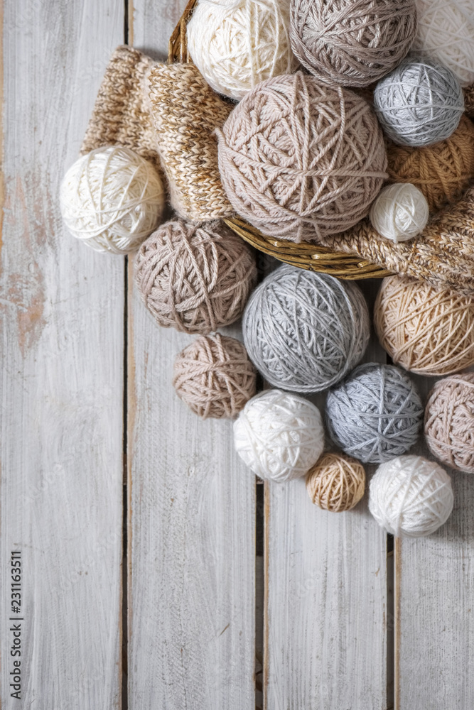 Basket with balls of yarn Basket with balls of yarn