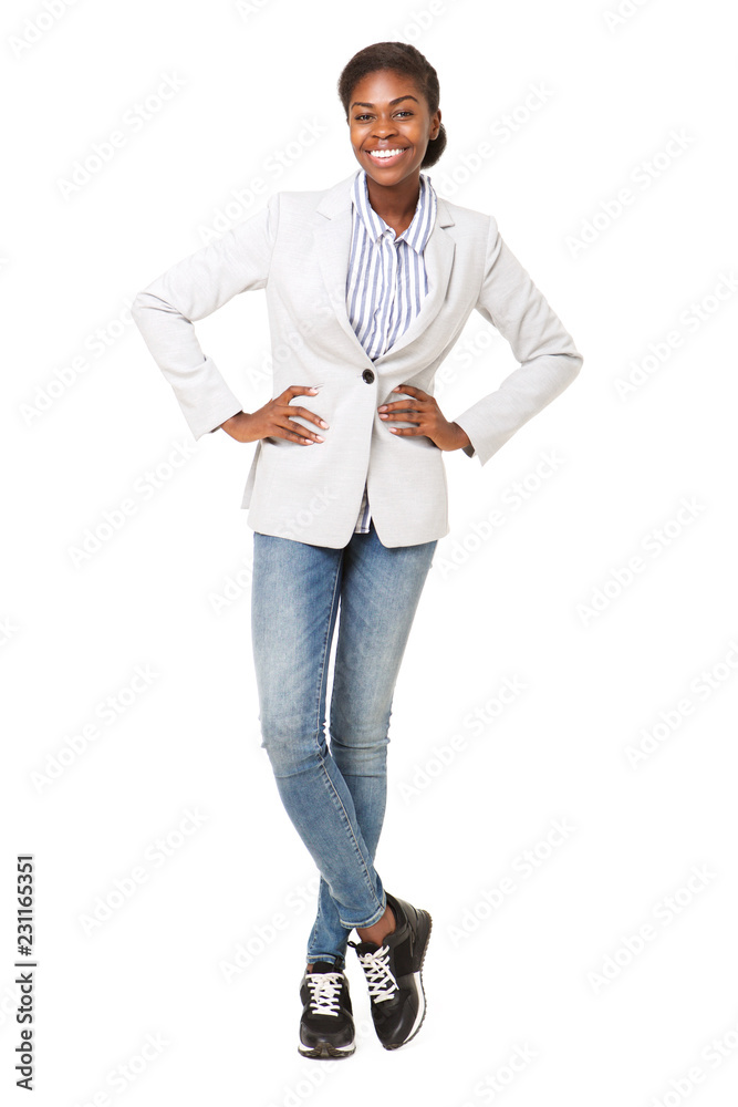 Full body smiling african american woman against isolated white background Full body smiling african american woman against isolated white background