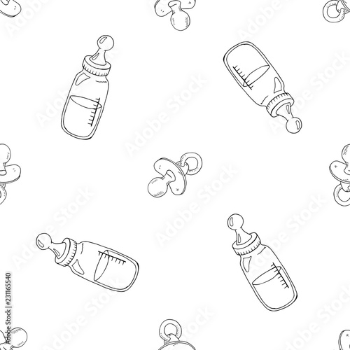 Baby bottle with pacifier seamless pattern. Vector illustration seamless pattern bottle with pacifier for baby. Cute baby background seamless pattern.