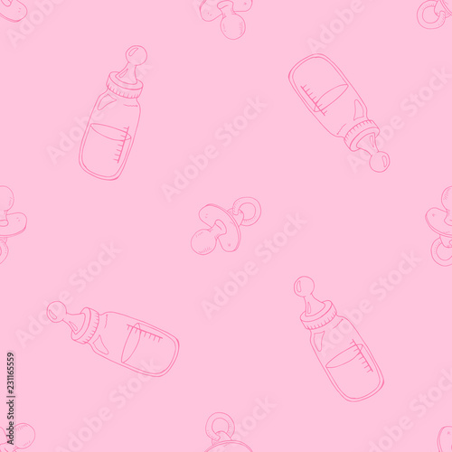 Baby bottle with pacifier seamless pattern. Vector illustration seamless pattern bottle with pacifier for baby. Cute baby background seamless pattern.