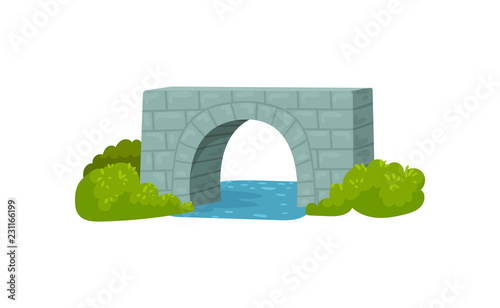 Medieval stone bridge, blue river and green bushes. Construction for transportation. Architecture theme. Flat vector design