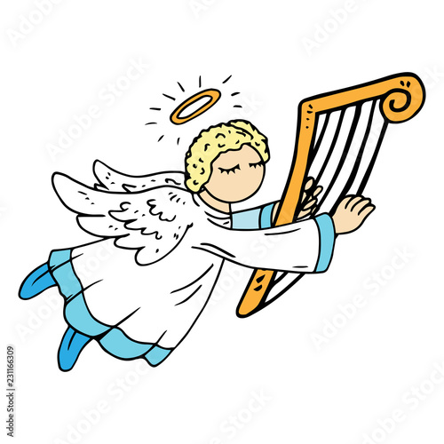 Angel icon. Vector illustration of a cute angel with harp Hand drawn little angel.